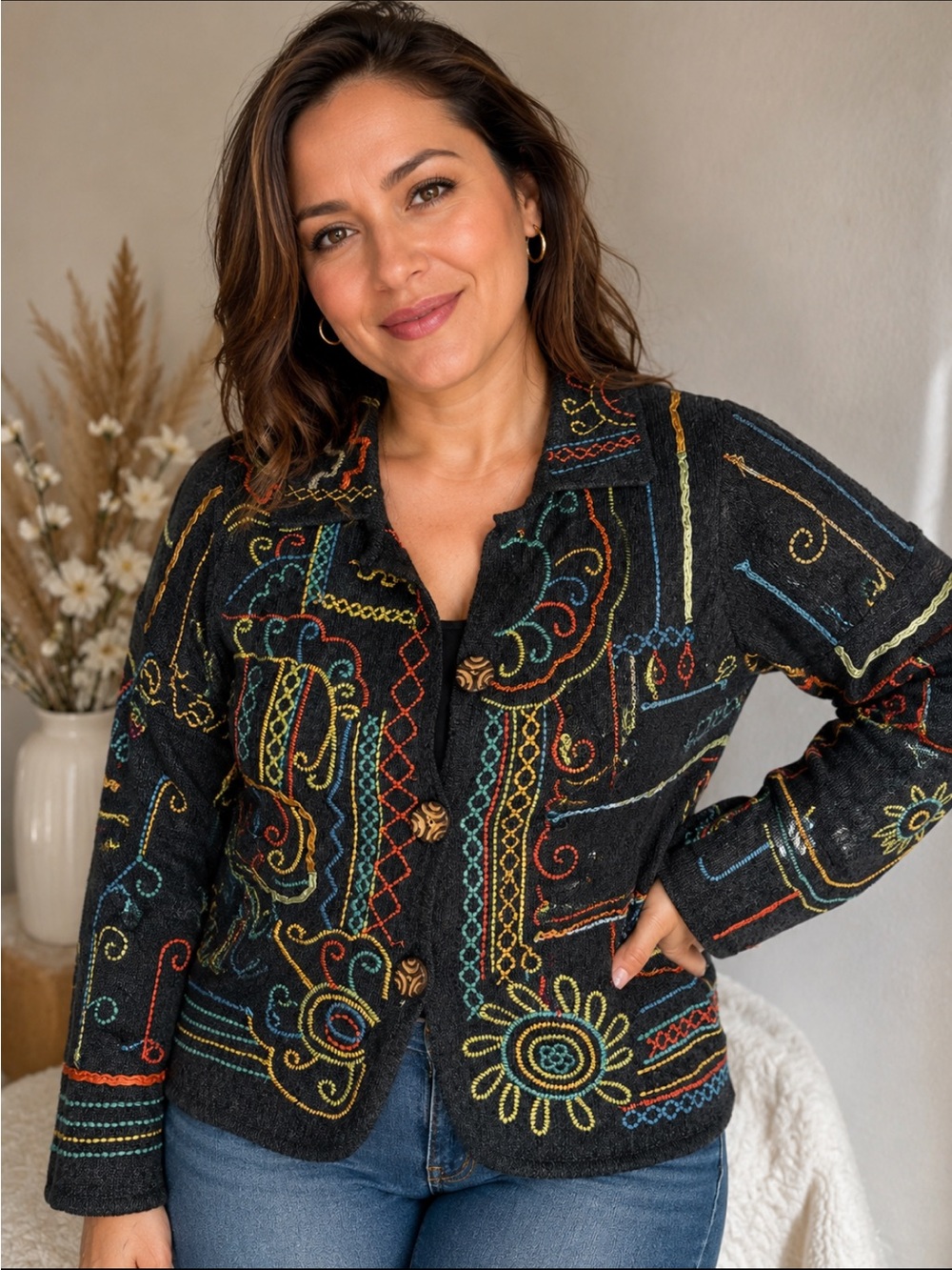 Chico's Black Kids Jacket with Multicolor Embroidery